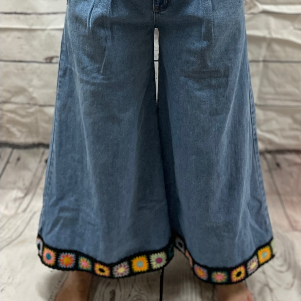 wide leg crop jeans granny square trim